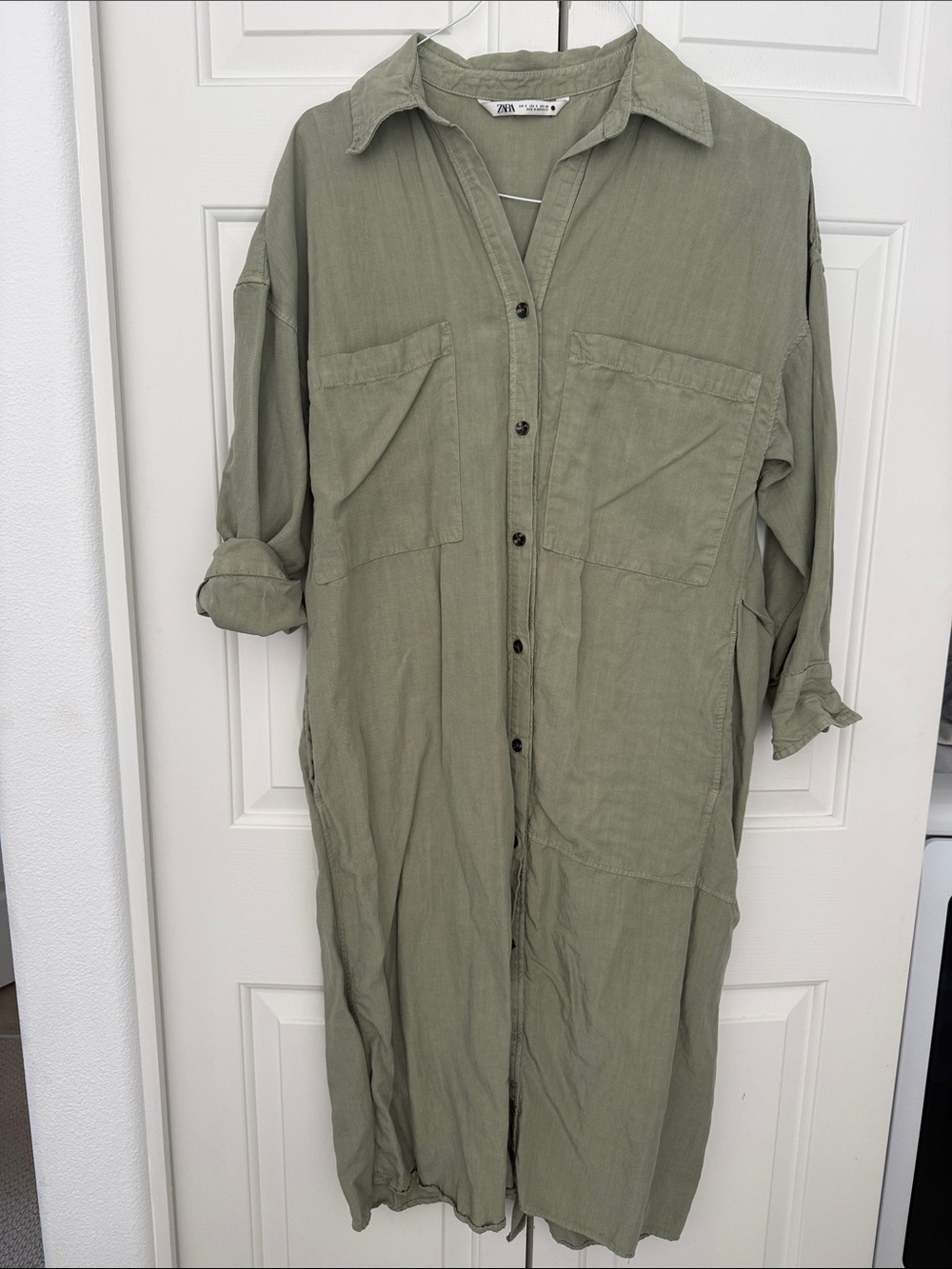 Zara Olive Green Button-Front Maxi Shirt Dress